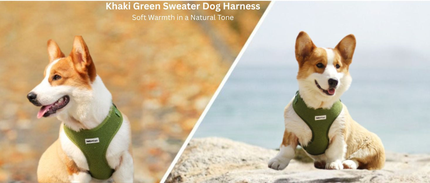 Dog wearing a khaki green sweater harness in two different settings.