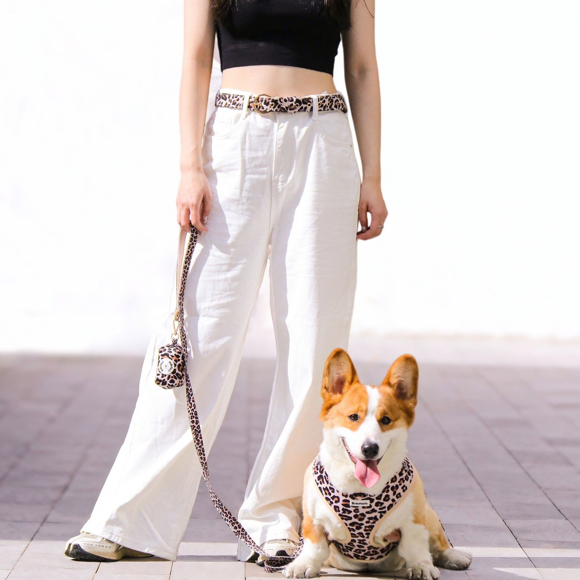 Woman walking her dog wearing leopard print matching dog and owner accessories designed as one coordinated system