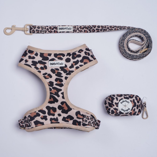 leopard printed dog harness leash set for small and medium dog  designed as part of a matching dog and owner accessory system for everyday walks