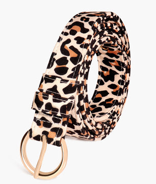 Side view ofleopard printed women's belt and buckle showing fit and comfort within a coordinated dog and owner matching system