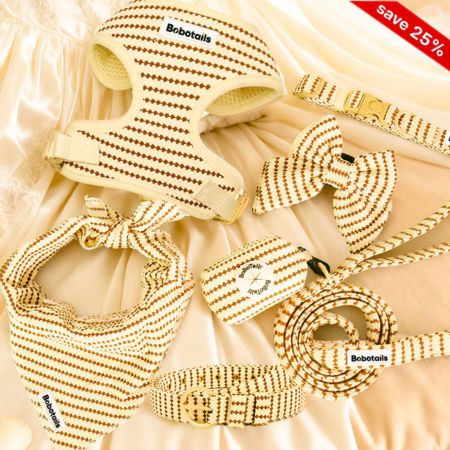 A coordinated set of pet accessories laid out on a cream satin background: a harness, bow tie, bandana, leash, collar, and rope. The items are woven in a beige and brown striped pattern with small black Bobotoils branding tags visible.