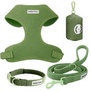 Sweater  khaki green dog harness, leash, and collar set with 'BoboTails' branding on a white background.