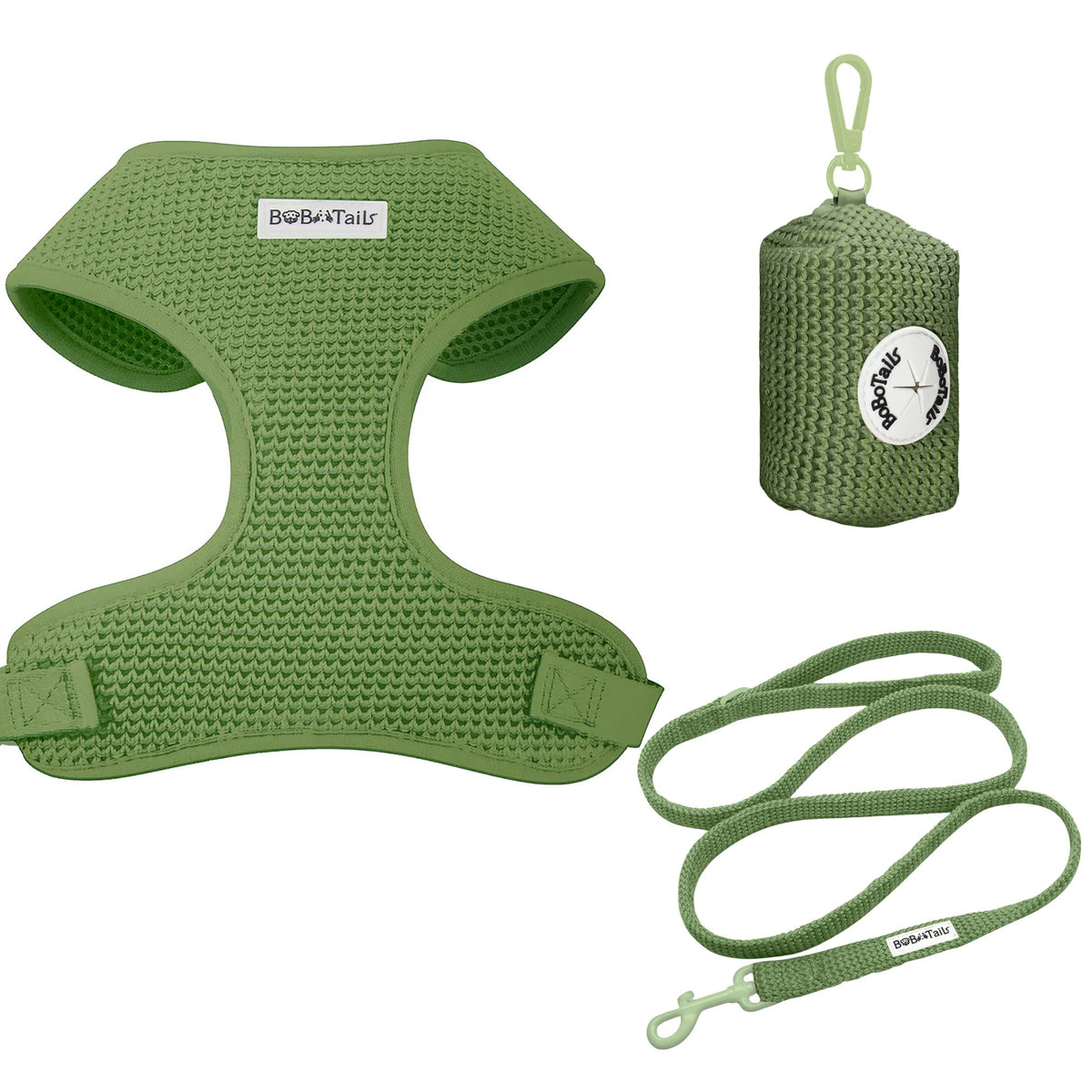 kakhi green  sweater knit dog harness, leash, and pouch set with visible brand logo on a white background