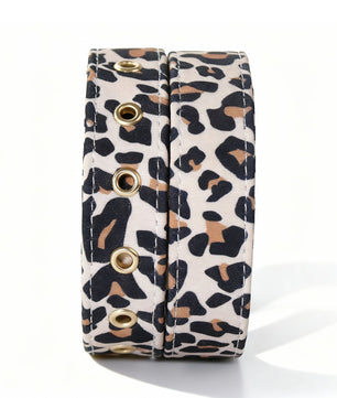 side view women's leopard belt showing fit and comfort within a coordinated dog and owner matching system